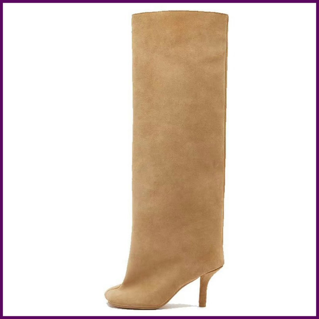 Suede Knee High Boots Wide Calf Slim Heel Square Toe Stiletto